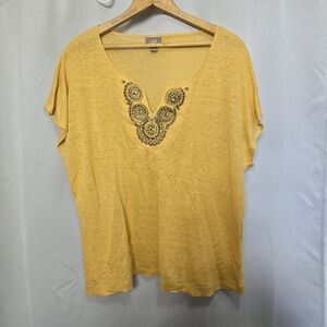 J. Jill Yellow Linen Top with Intricate Black Detail